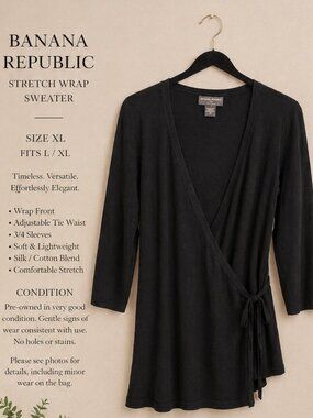 Banana Republic Black Wrap Sweater XL Silk Cotton Knit